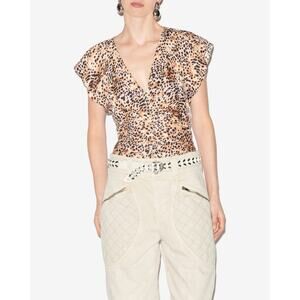 Isabel Marant Lonea Animal Print Flutter Sleeve V-Neck Blouse Natural Women 38/M